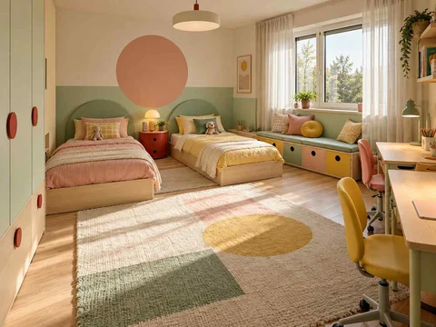 AI concept of a shared bedroom with twin sleeping areas and daylight from the window side, with pastel furniture and geometric colour accents