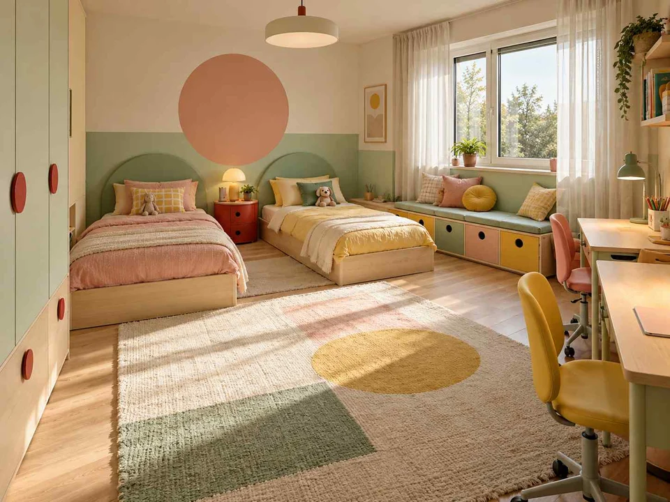 AI concept of a shared bedroom with twin sleeping areas and daylight from the window side, with pastel furniture and geometric colour accents