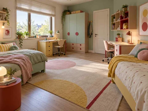 AI concept of a shared bedroom with two sleeping areas and desk space, with pastel furniture and geometric colour accents