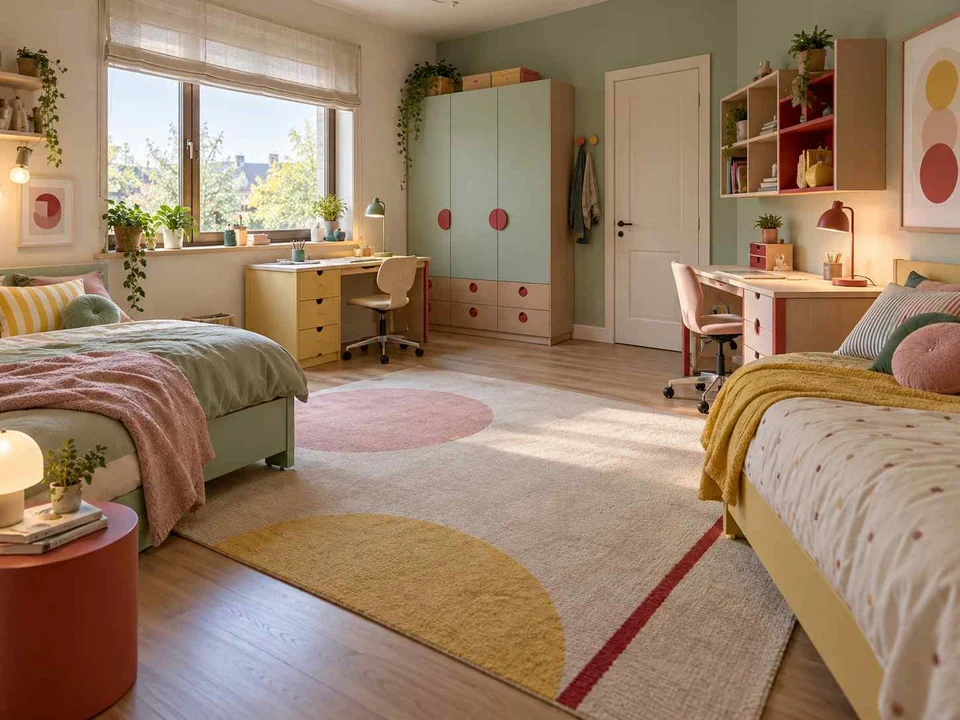 AI concept of a shared bedroom with two sleeping areas and desk space, with pastel furniture and geometric colour accents