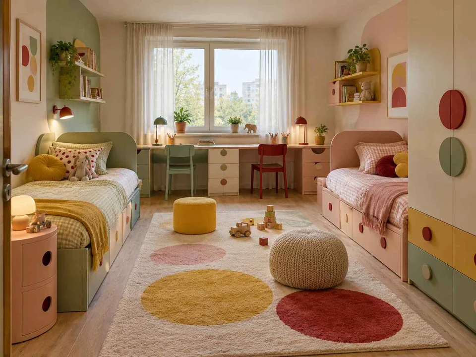 AI concept of two beds arranged around a shared central floor area, with pastel furniture and geometric colour accents