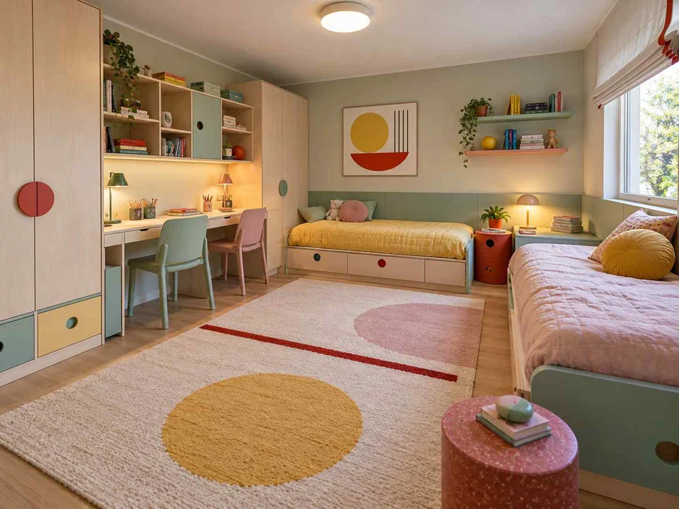 AI concept of a shared bedroom with two sleeping areas and study furniture, with pastel furniture and geometric colour accents