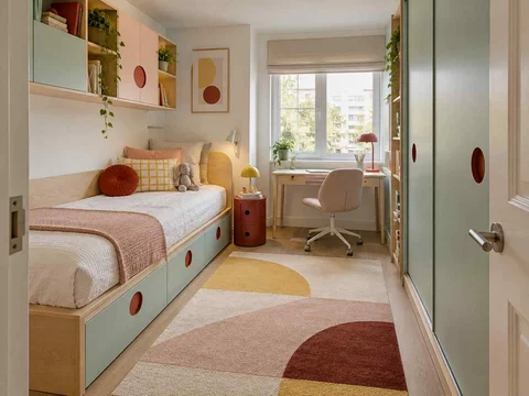 AI concept of a small bedroom with a bed, study furniture and integrated storage, with pastel furniture and geometric colour accents