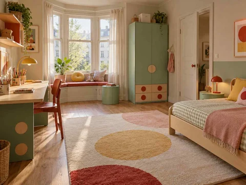 AI concept of a bedroom with a window-side seating area, with pastel furniture and geometric colour accents