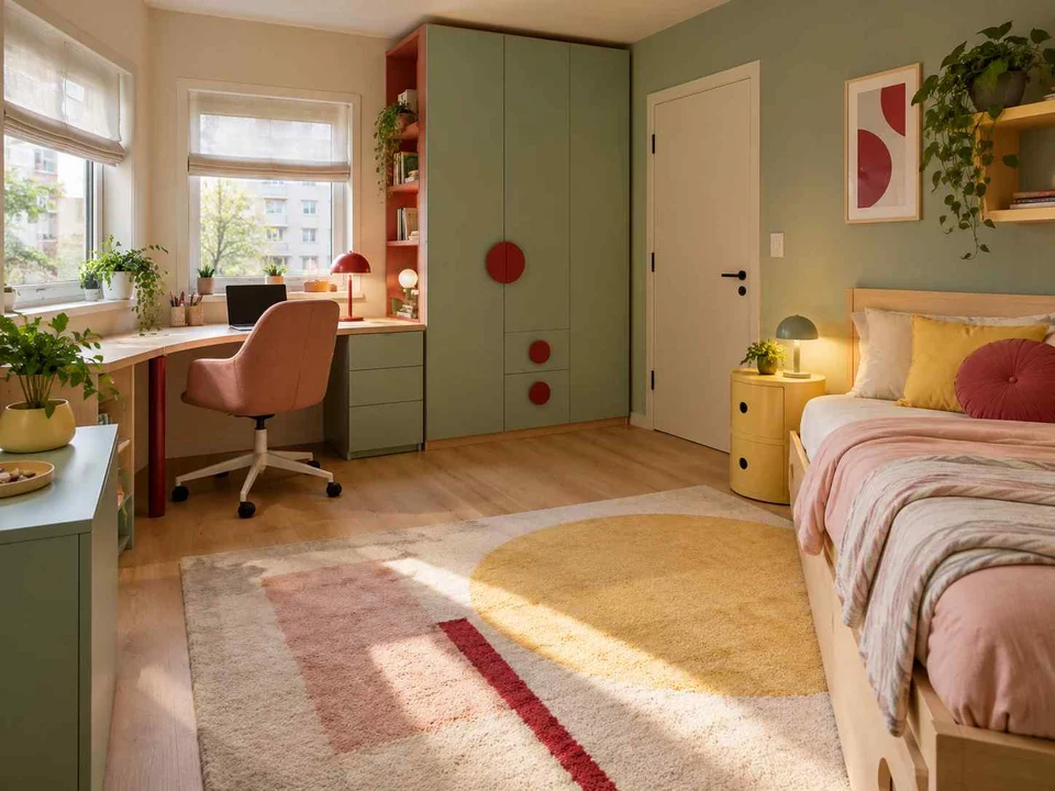 AI concept of a bedroom with a desk positioned near a window, with pastel furniture and geometric colour accents