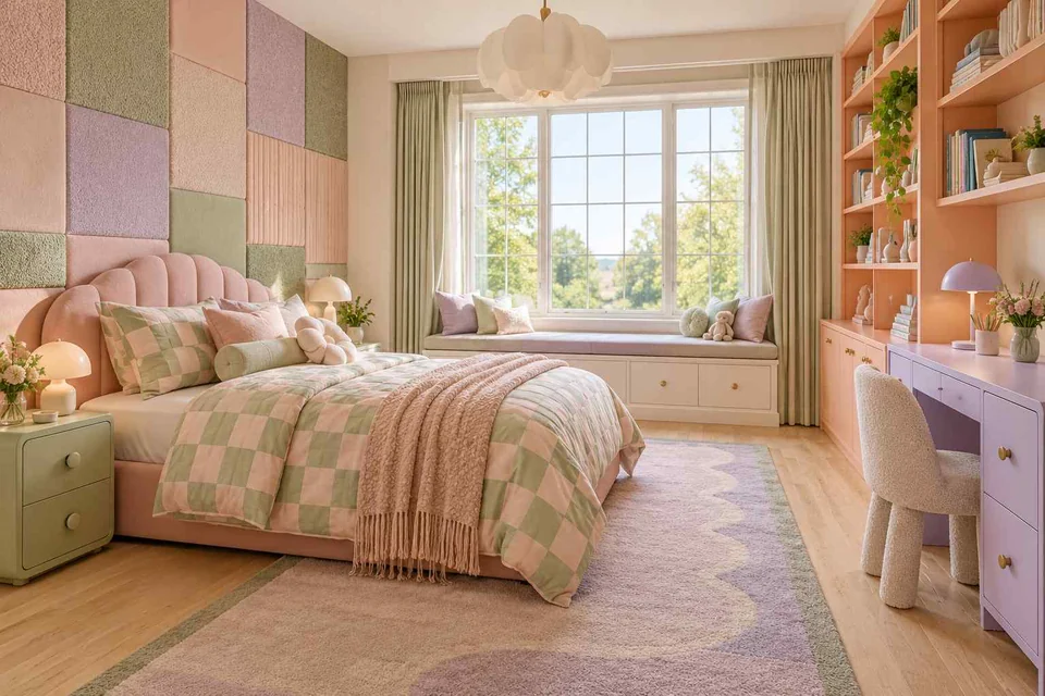 AI concept: a pastel patchwork wall and quilt with pale green storage and pink shelving