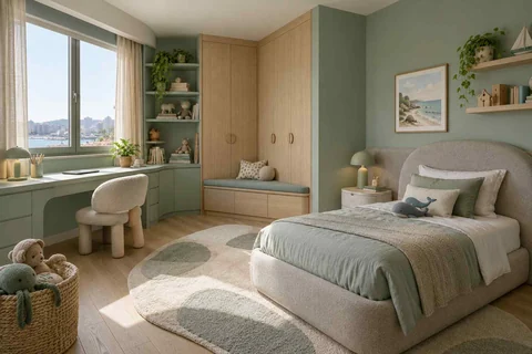 AI concept: a pale green bedroom with a window desk, rounded chair and soft neutral bedding