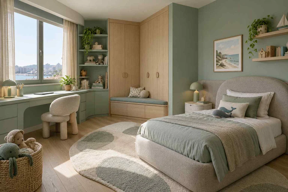 AI concept: a pale green bedroom with a window desk, rounded chair and soft neutral bedding