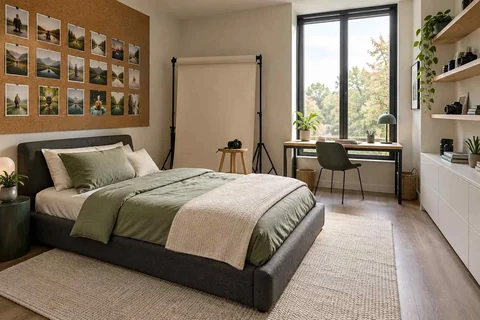 AI concept: a grey bed, photographic display board and desk beside a tripod