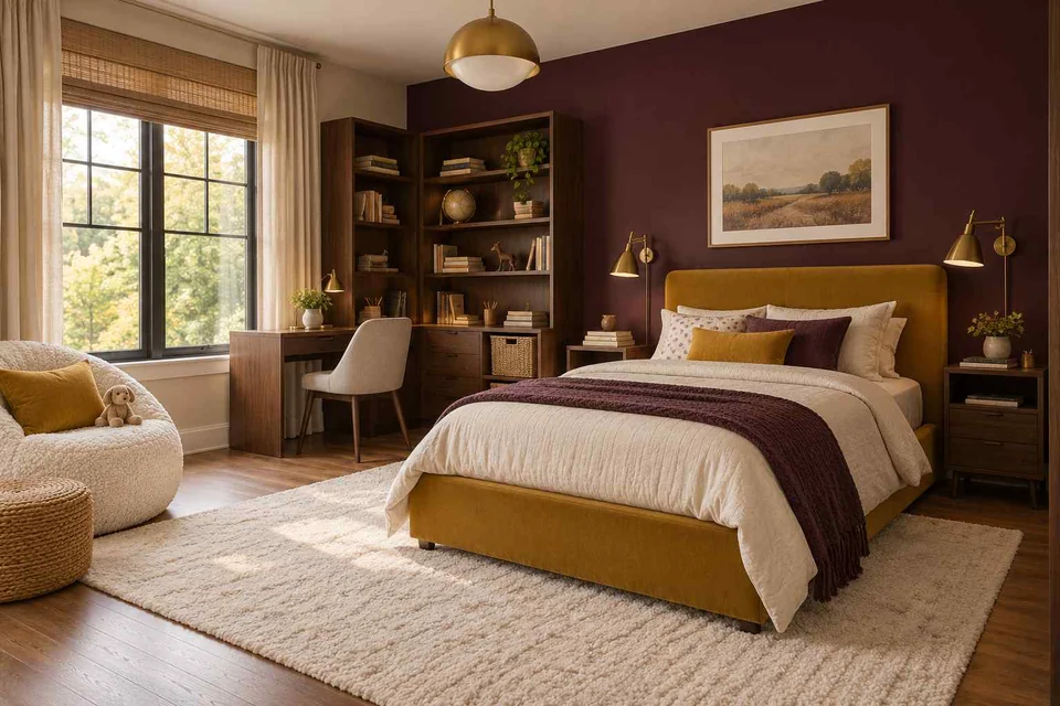 AI concept: a plum feature wall, mustard bed base and pale desk in a richly coloured bedroom