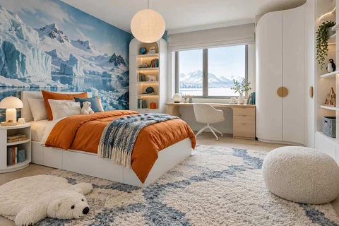 AI concept: an icy landscape mural, orange quilt and blue rug in a bright polar-themed room