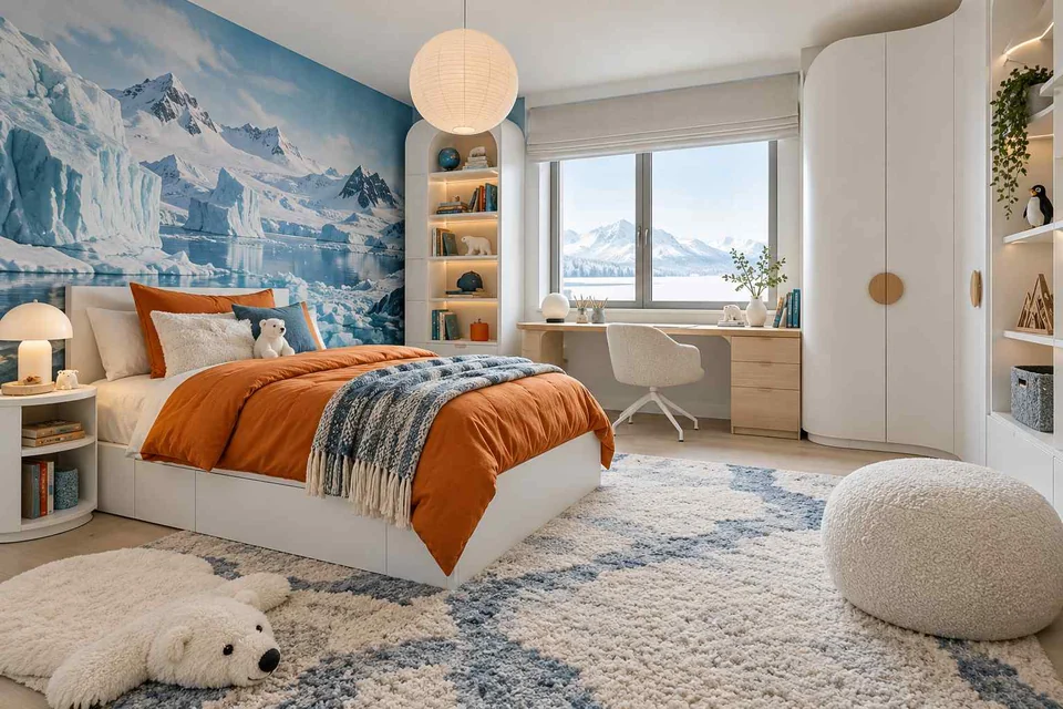 AI concept: an icy landscape mural, orange quilt and blue rug in a bright polar-themed room