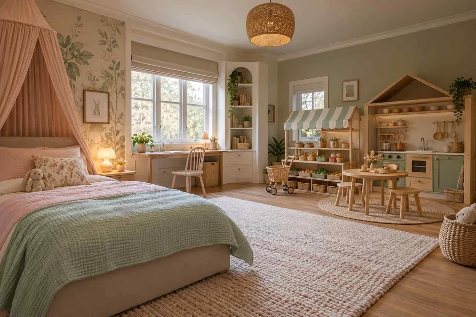 AI concept: a pretend-play house and small table sit across from a bed with a fabric canopy