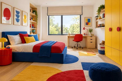 AI concept: red, yellow and blue furniture with a geometric rug and bright window desk