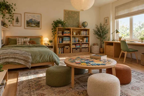 AI concept: a round puzzle table and floor cushions sit between a bed and bookshelves