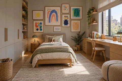 AI concept: a low timber bed, small gallery wall and long window desk in a warm neutral room