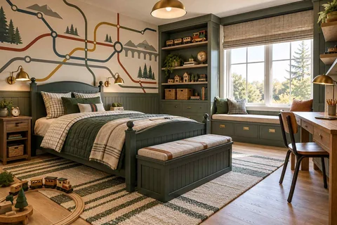 AI concept: a railway-line mural and green bed with a train play area on the floor