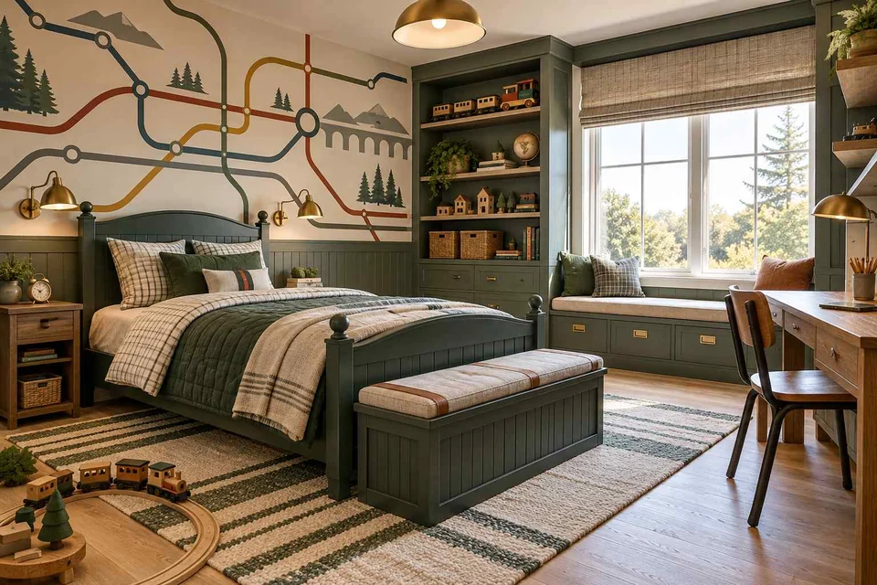 AI concept: a railway-line mural and green bed with a train play area on the floor