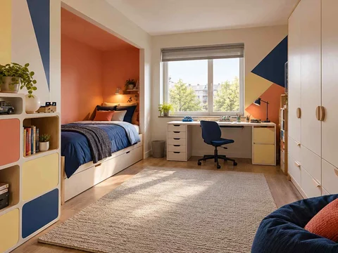 AI concept of a bedroom with a recessed sleeping area and a separate desk, with large geometric wall shapes and contrasting colours