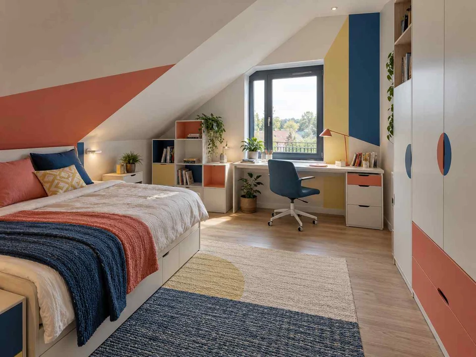 AI concept of a bedroom beneath a sloping ceiling with a bed and desk, with large geometric wall shapes and contrasting colours