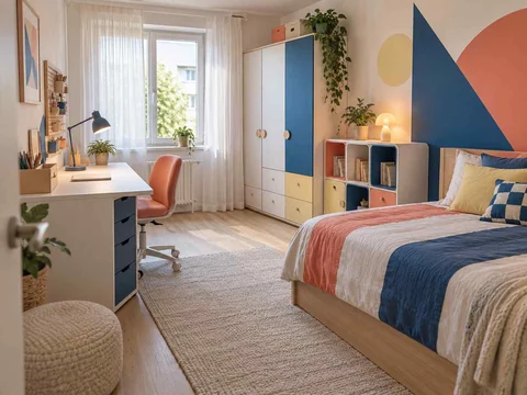 AI concept of a bedroom arranged with a bed, desk and storage furniture, with large geometric wall shapes and contrasting colours