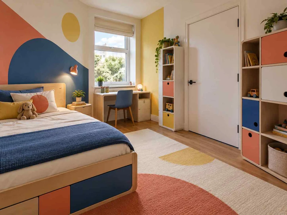 AI concept of a bedroom with cabinetry and shelving along the walls, with large geometric wall shapes and contrasting colours