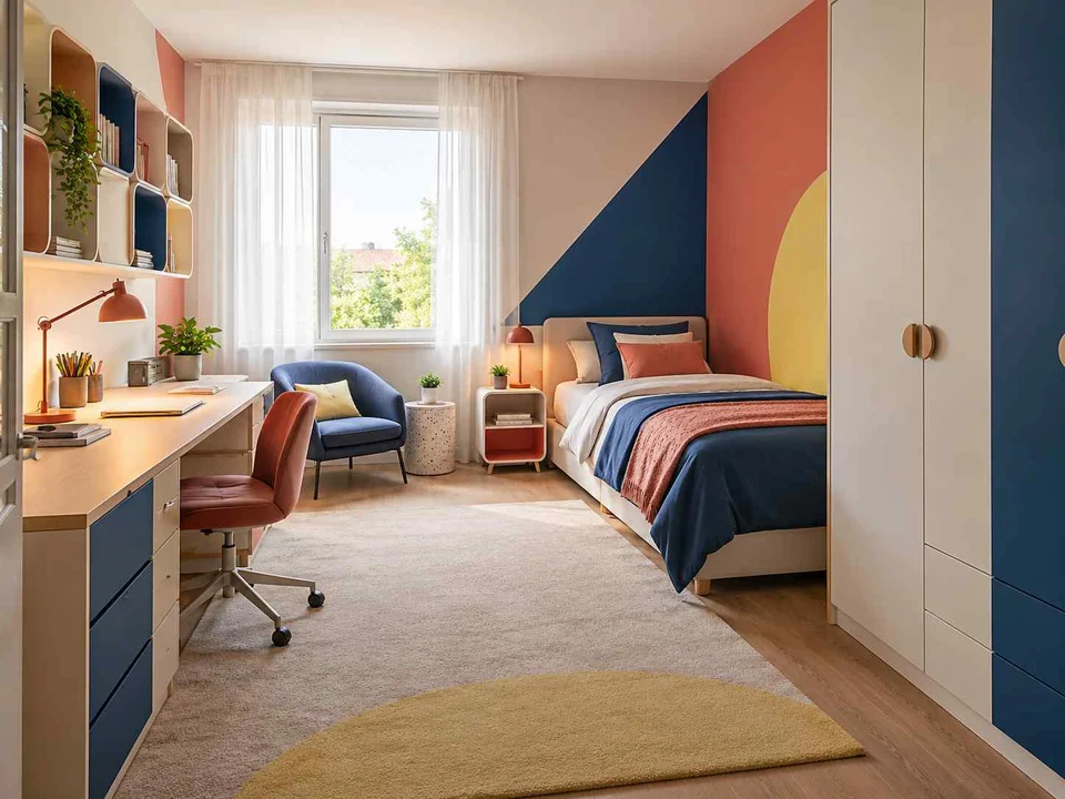 AI concept of a bedroom with desk space, task lighting and nearby storage, with large geometric wall shapes and contrasting colours