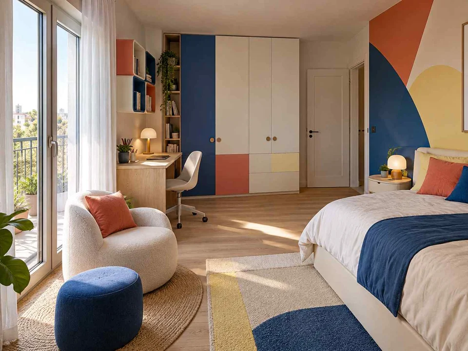 AI concept of a bedroom opening towards full-height glazed doors, with large geometric wall shapes and contrasting colours