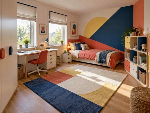 AI concept of a bedroom with a central rug and open floor space for play, with large geometric wall shapes and contrasting colours