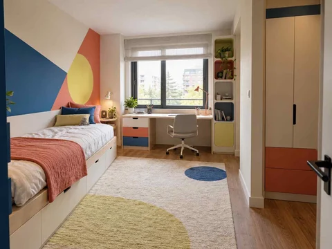 AI concept of a bedroom with a study desk and storage beside the sleeping area, with large geometric wall shapes and contrasting colours