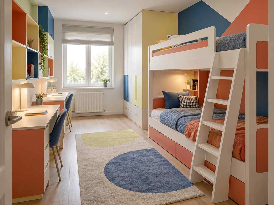 AI concept of bunk beds alongside study furniture and storage, with large geometric wall shapes and contrasting colours