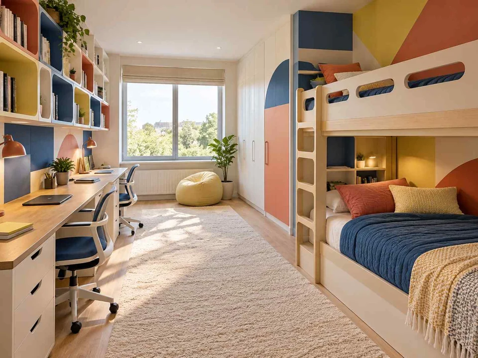 AI concept of bunk beds paired with bookshelves and study space, with large geometric wall shapes and contrasting colours