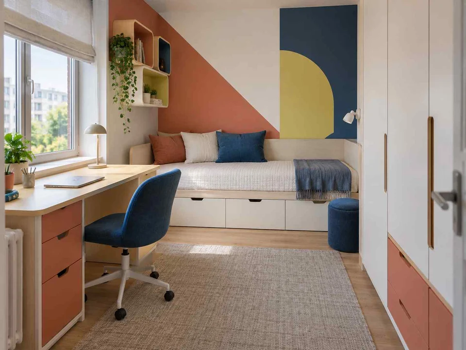 AI concept of a compact bedroom combining a bed, desk and storage, with large geometric wall shapes and contrasting colours
