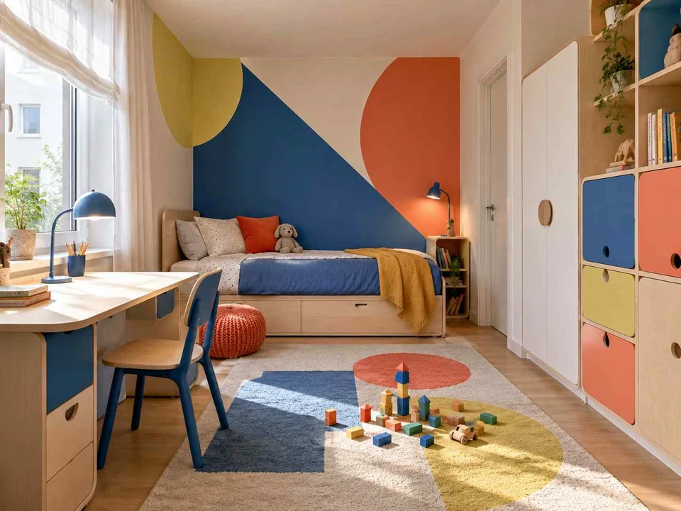 AI concept of a daylit bedroom with space for floor play, with large geometric wall shapes and contrasting colours
