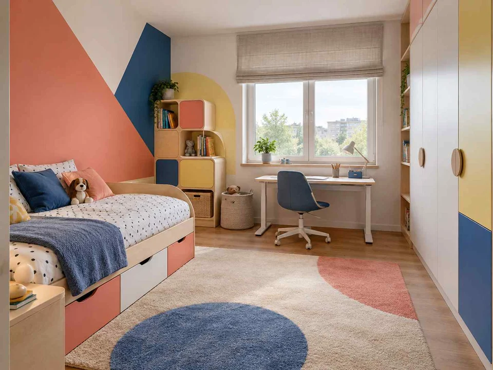 AI concept of a bedroom with a bed, study desk and open central floor space, with large geometric wall shapes and contrasting colours