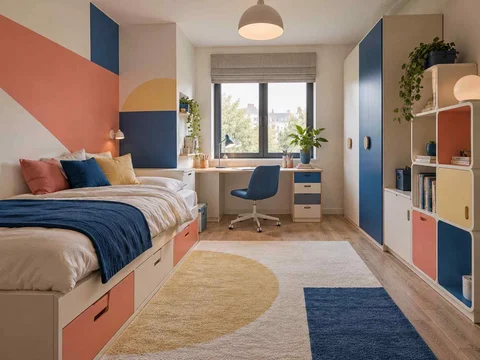 AI concept of a bedroom combining low storage with taller cabinetry or shelving, with large geometric wall shapes and contrasting colours