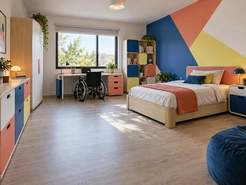 AI concept of a bedroom with an open central floor area and furniture arranged around its edges, with large geometric wall shapes and contrasting colours