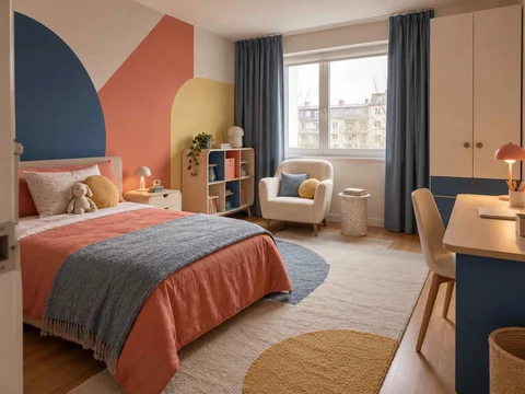 AI concept of a bedroom arranged around sleep, storage and a small sitting area, with large geometric wall shapes and contrasting colours