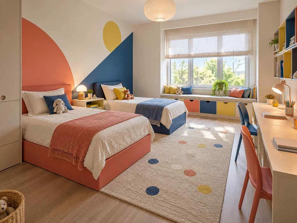 AI concept of a shared bedroom with twin sleeping areas and daylight from the window side, with large geometric wall shapes and contrasting colours