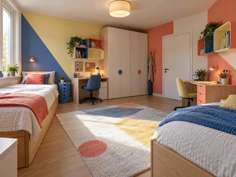 AI concept of a shared bedroom with two sleeping areas and desk space, with large geometric wall shapes and contrasting colours