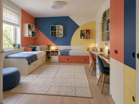 AI concept of a shared bedroom with two sleeping areas and study furniture, with large geometric wall shapes and contrasting colours