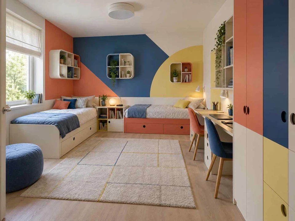 AI concept of a shared bedroom with two sleeping areas and study furniture, with large geometric wall shapes and contrasting colours