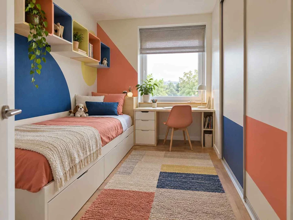 AI concept of a small bedroom with a bed, study furniture and integrated storage, with large geometric wall shapes and contrasting colours