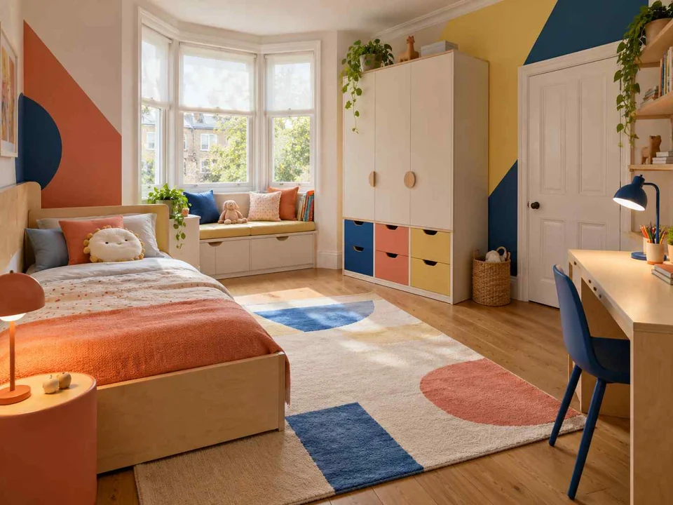 AI concept of a bedroom with a window-side seating area, with large geometric wall shapes and contrasting colours