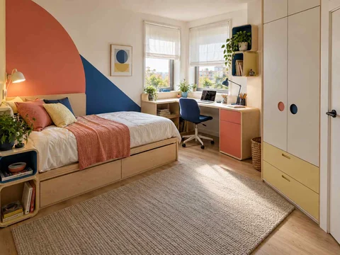 AI concept of a bedroom with a desk positioned near a window, with large geometric wall shapes and contrasting colours