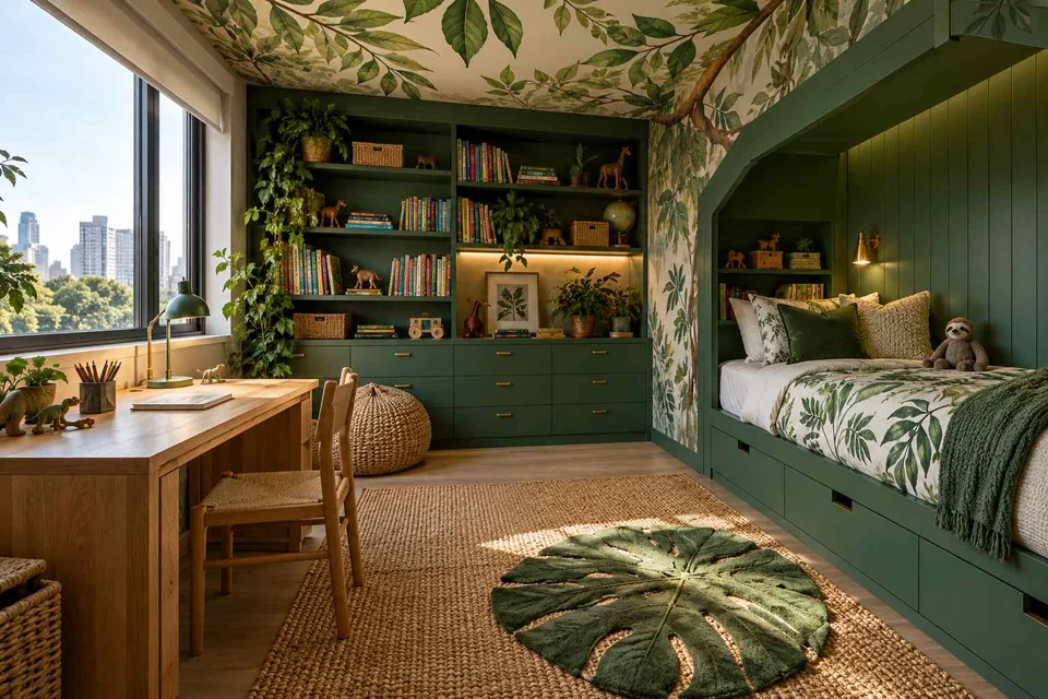 AI concept: a leafy ceiling mural, deep green bed nook and timber study desk beside large windows