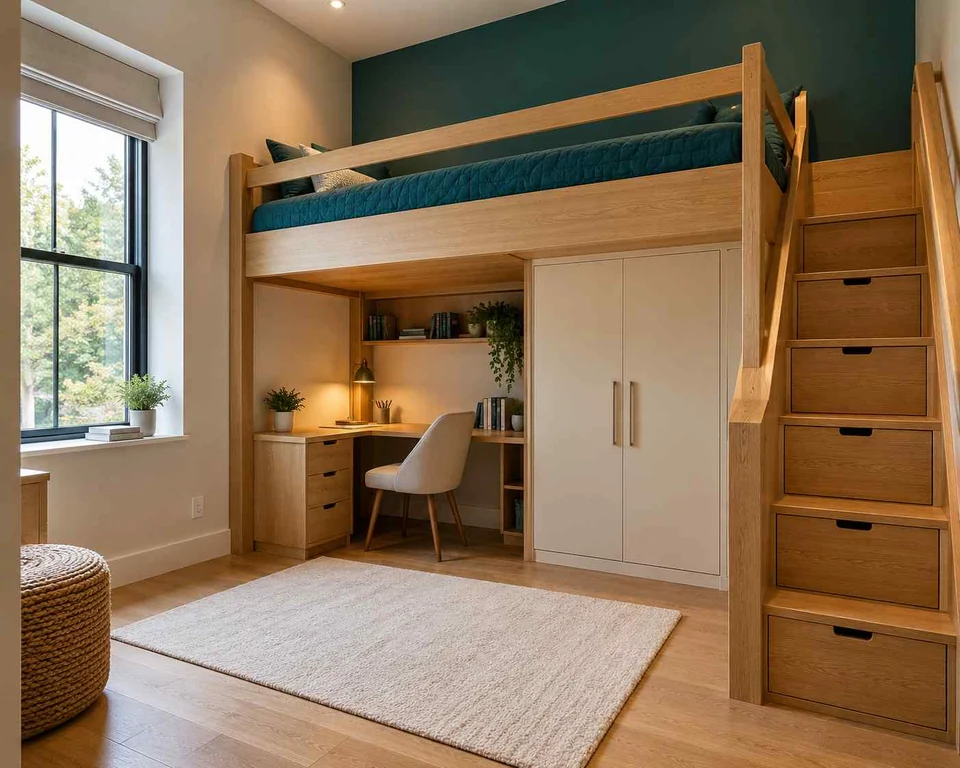 AI concept: a timber loft bed with a desk beneath and a stair-storage unit at the side