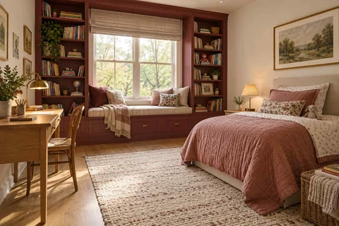 AI concept: a bedroom combines a deep window reading seat, tall bookcase and pink bed