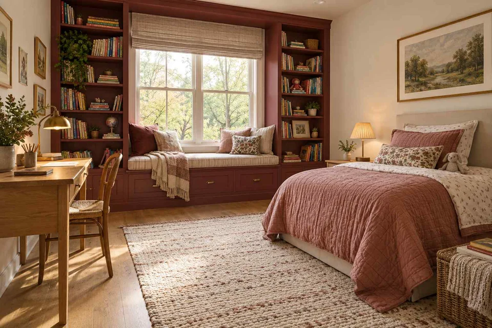 AI concept: a bedroom combines a deep window reading seat, tall bookcase and pink bed