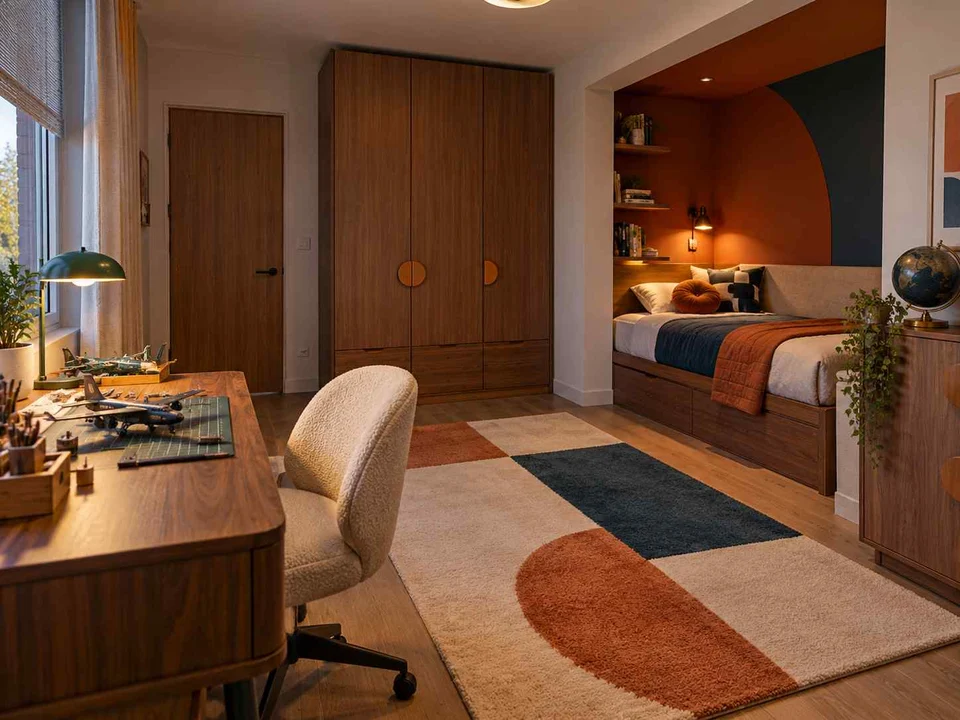 AI concept of a bedroom with a recessed sleeping area and a separate desk, with orange accents and curved decorative shapes